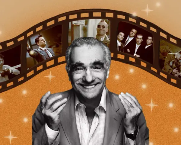 Uśmiechnięty Martin Scorsese na tle klatki filmowej z fragmentami jego kultowych filmów: "Chłopcy z ferajny", "Taksówkarz", "Wściekły byk".