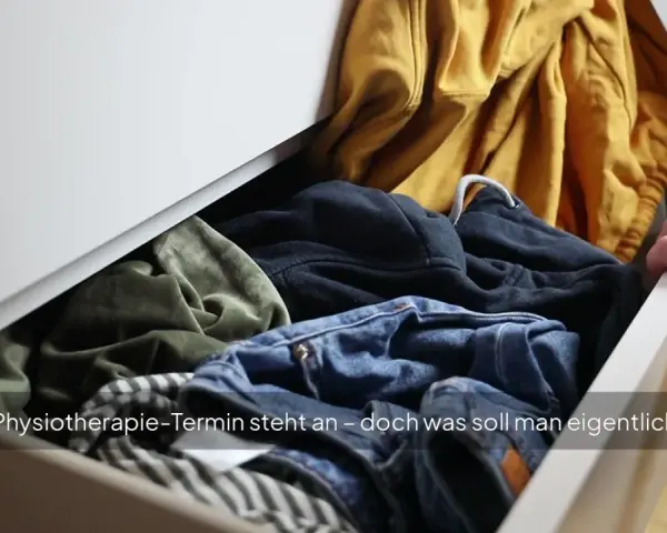 Offener Schubladeninhalt mit Kleidung. Ein Mann greift hinein, um sich für den Physiotherapie-Termin anzuziehen.