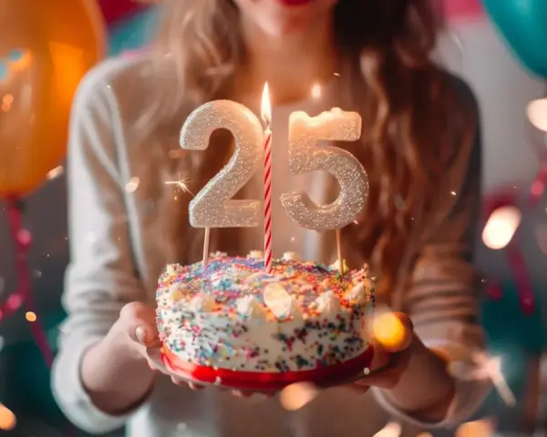 Urodzinowy tort z cyframi 25 i płonącą świeczką, otoczony balonami i konfetti. Idealne życzenia na 25 urodziny!