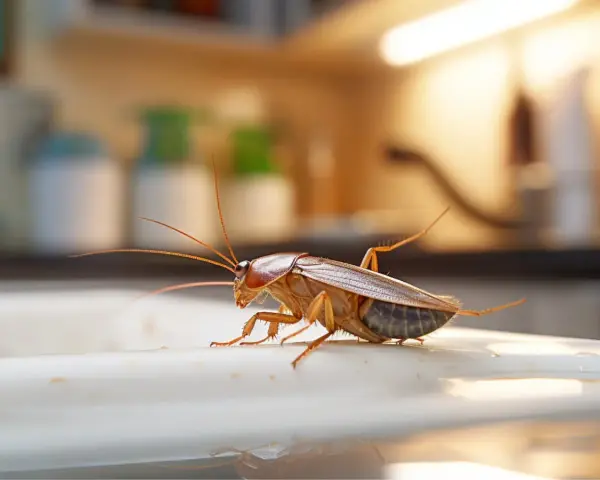 Una cucaracha en una superficie blanca, quizás huyendo del amoniaco.