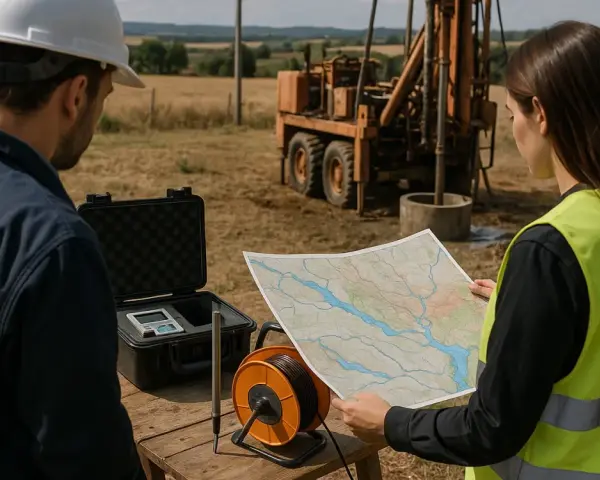 Ingenieros revisan mapa y equipo para saber como legalizar un pozo ya hecho. En el fondo, una máquina perforadora.