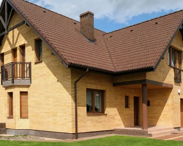 Nowy dom z żółtej cegły, z brązowym dachem i kominem. Widoczny cokół, balkon i wejście zadaszone.