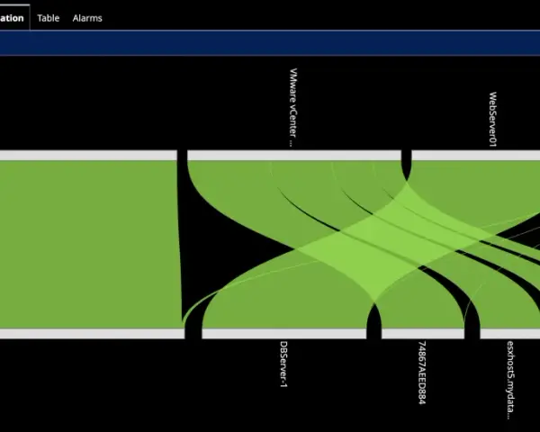 Sankey diagram showing network traffic. Large green blocks represent servers like WebServer01 and APP-LB-1. Thin green lines show north-south traffic vs. east-west traffic between servers and other systems.