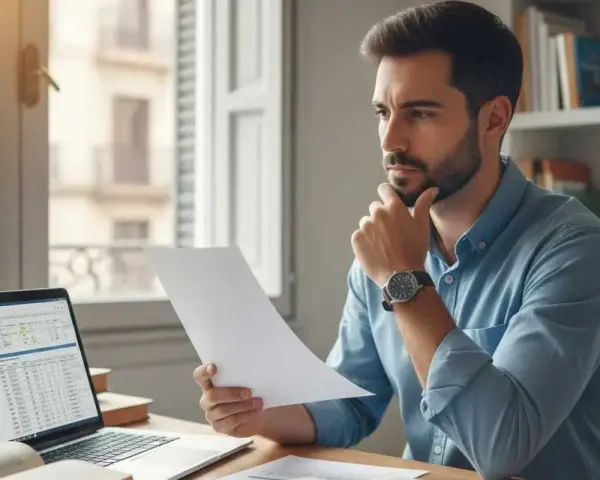 Hombre revisa documentos, consultando su portátil con datos financieros. Podría estar verificando su vat number españa para trámites.