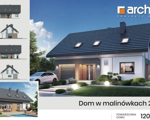 Nowoczesny dom w Malinówkach 23 (G) w stanie surowym zamkniętym. Projekt z garażem, tarasem i basenem.