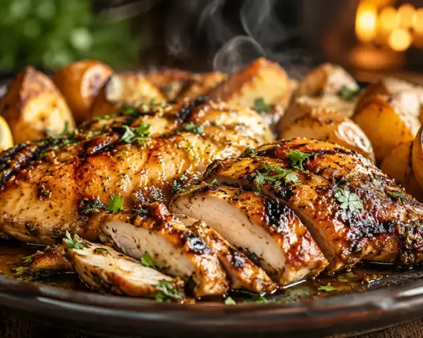 Délicieux poulet en sauce, grillé et tranché, servi avec des pommes de terre rôties et des quartiers de citron. Une recette parfaite pour un repas savoureux.
