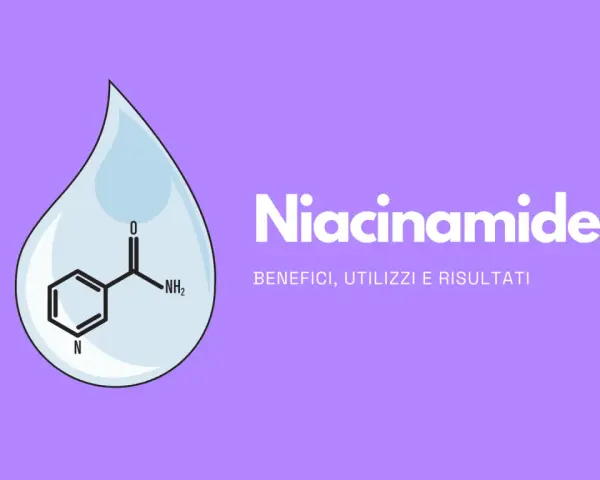 Goccia con formula chimica di niacinamide, ingrediente chiave per combattere l'acne. Benefici, utilizzi e risultati.