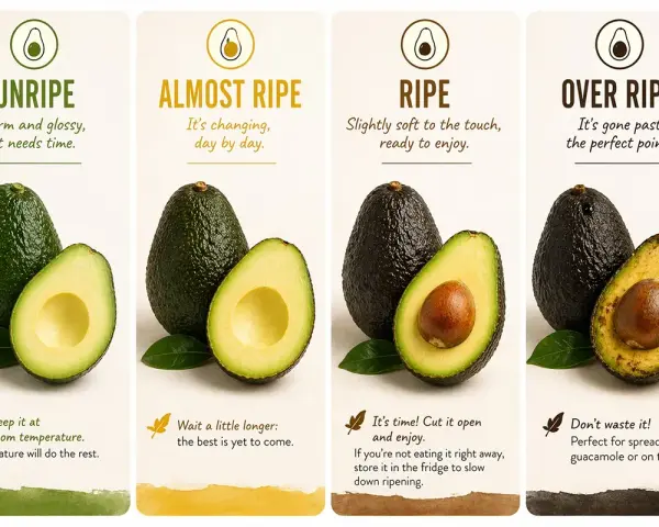 Avocados in verschiedenen Reifestadien: Unreif, fast reif, reif und überreif. So lässt man Avocados reifen.
