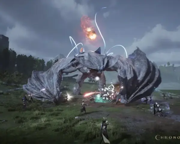 Un colosal dragón de piedra ataca en Chrono Odyssey. Guerreros luchan contra la bestia en un campo abierto, rodeados de magia y explosiones.
