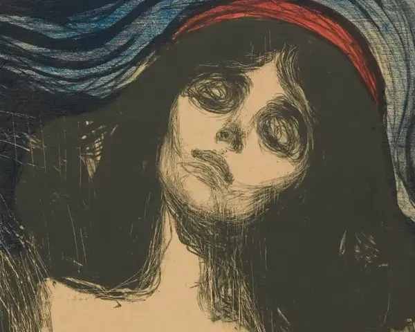 Intensywny portret kobiety z krwistoczerwonym nakryciem głowy, przypominający "Madonnę" Edvarda Muncha.