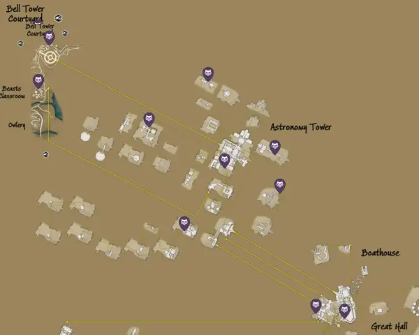 Mapa de Hogwarts con puntos morados indicando dónde devolver las lunas de Demiguise a Gladwin Moon.