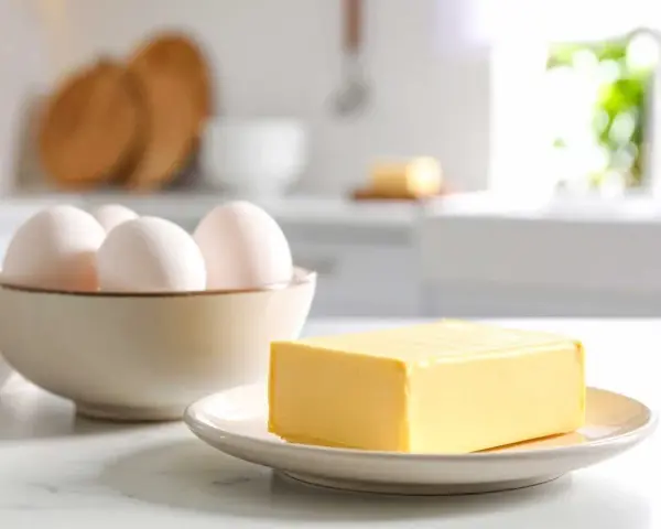 Schüssel mit Eiern und Butter auf einem Teller. Die Frage bei welcher Temperatur stockt Ei wird hier nicht beantwortet.