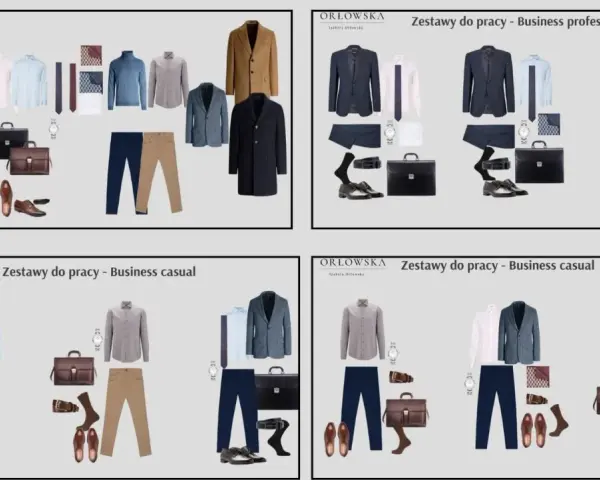 Zestawy do pracy w stylu business casual: marynarki, koszule, swetry, spodnie, buty i akcesoria.