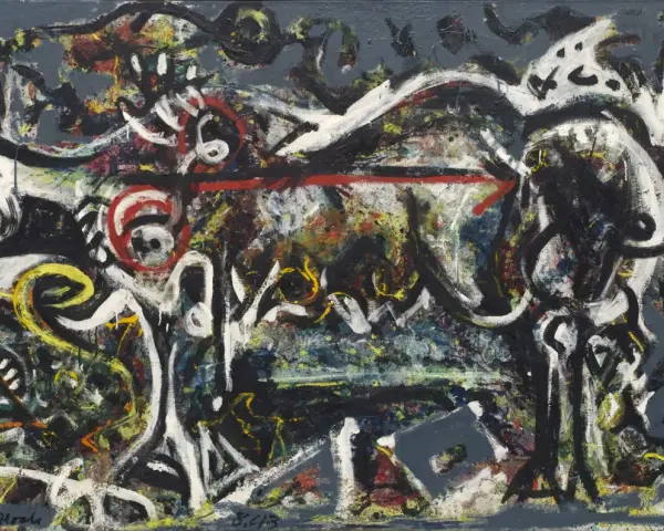 Œuvres d'art de Jackson Pollock : une toile abstraite aux éclaboussures de peinture noires, blanches, rouges et jaunes sur fond gris.