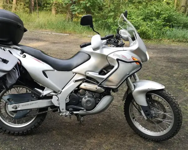 Srebrny motocykl Aprilia 650 z kufrem i sakwami, gotowy na przygodę w lesie.