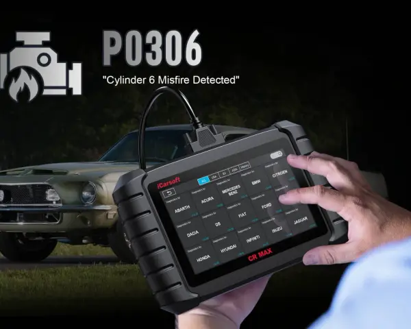 Diagnosing a P0306 code, "Cylinder 6 Misfire Detected," with an iCarsoft CR MAX scanner.