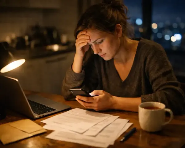 Zmartwiona kobieta sprawdza telefon przy biurku, szukając informacji, kiedy nie trzeba zgłaszać darowizny do urzędu skarbowego.