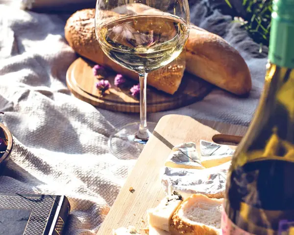 En härlig picknick med vin till brieost, färskt bröd och körsbär.