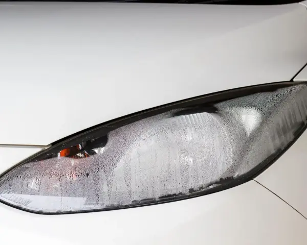 Kleine Wassertropfen bedecken das Glas des weißen Autoscheinwerfers. Feuchtigkeit im Scheinwerfer ist sichtbar.