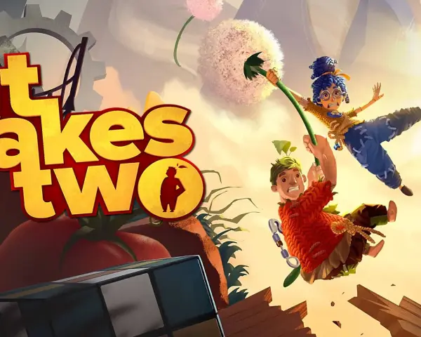 Dos personajes, un niño y una niña, se balancean en un diente de león. El título del juego, "It Takes Two", aparece en letras grandes.