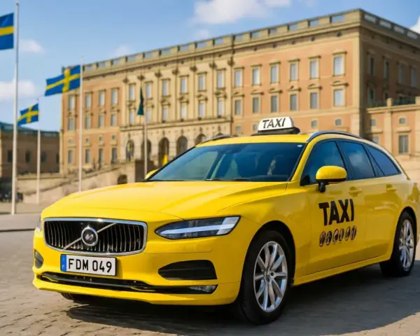 Gelbes Taxi in Schweden vor einem prächtigen Gebäude, mit schwedischen Flaggen im Hintergrund.