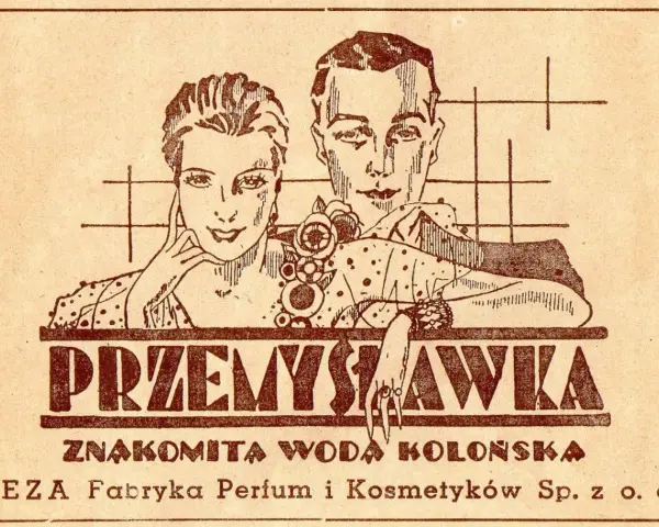 Elegancka para reklamuje wodę kolońską PRl "Przemysławka" od HEZA.