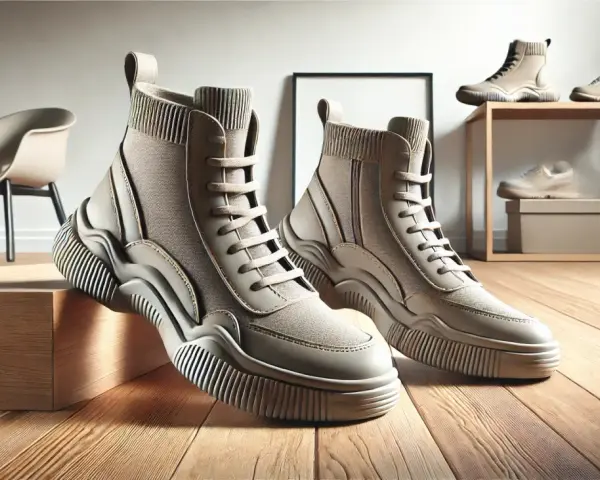 Botas de moda con suela tpr de gran tamaño, cordones y detalles texturizados, sobre un suelo de madera.