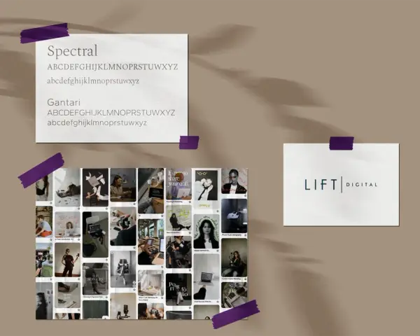 Jak stworzyć spójny moodboard stylowej imprezy: inspiracje, fonty Spectral i Gantari, logo LIFT DIGITAL, zdjęcia ludzi przy pracy i detale.