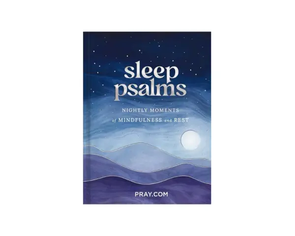 Book cover for "Sleep Psalms: Nightly Moments of Mindfulness and Rest." Features a starry night sky over rolling hills and a full moon.