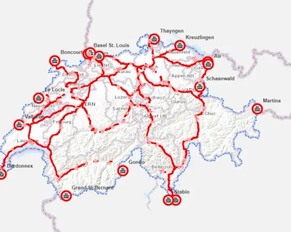 Mapa Szwajcarii z zaznaczonymi trasami i punktami granicznymi.