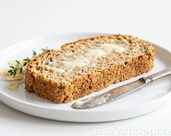Keto chleb z mąki migdałowej i kokosowej, posmarowany masłem, na talerzu z płatkami migdałów i gałązką tymianku. Obok leży nóż.