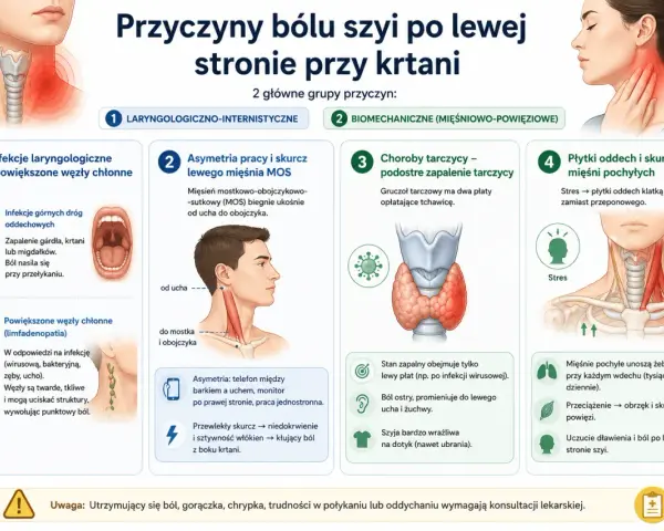 Anatomia szyi z boku, pokazująca budowę mięśni i struktur, które mogą powodować ból po lewej stronie krtani.