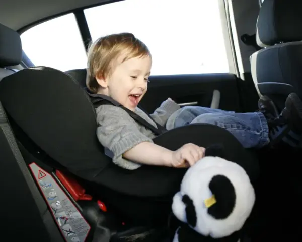 Ein fröhliches Kind sitzt im Kindersitz im Auto und spielt mit einem Panda-Stofftier.