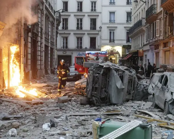Un pompier avance dans les décombres d'une explosion gaz Paris. Des voitures détruites et des flammes ravagent la rue.