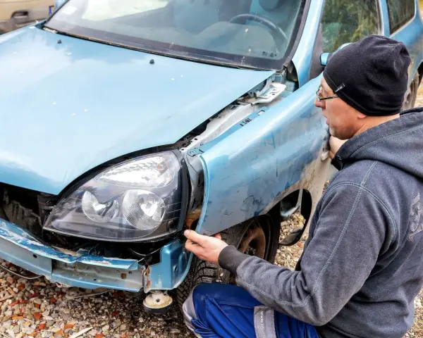 Mężczyzna w czapce i bluzie naprawia niebieską ćwiartkę samochodu, która ucierpiała w wypadku.