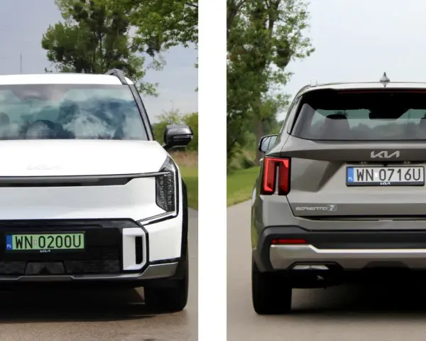 Biała Kia EV9 z przodu i szara Kia Sorento z tyłu, obie na drodze.