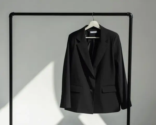Schwarzer Blazer hängt auf einem Kleiderbügel. Zeit, den Blazer zu waschen und frisch zu machen.
