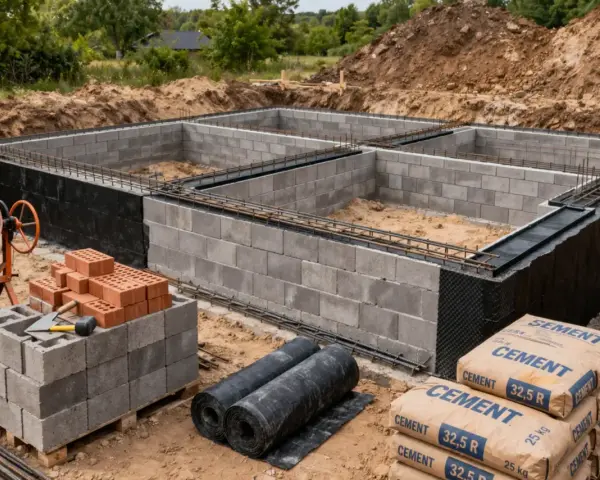 Fundamenty budynku w stanie zero. Betonowe bloki, zbrojenie i materiały budowlane, jak cement, czekają na dalsze prace.