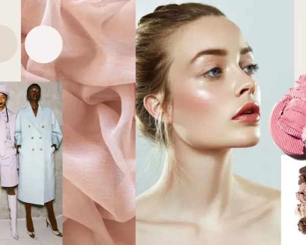 Moodboard con palette colori neutri e pastello, tessuti leggeri, modelle con outfit coordinati e focus su make-up luminoso per un look da giorno.