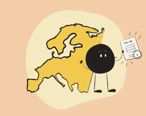 Un personaje negro sonriente junto a un mapa de Europa, mostrando un documento con las partes de una factura y el símbolo del euro.