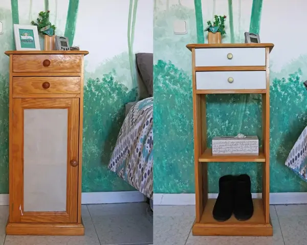 Antes y después de restaurar mesita de noche. La mesita de madera con puerta y cajones se transforma en un mueble abierto con estantes.