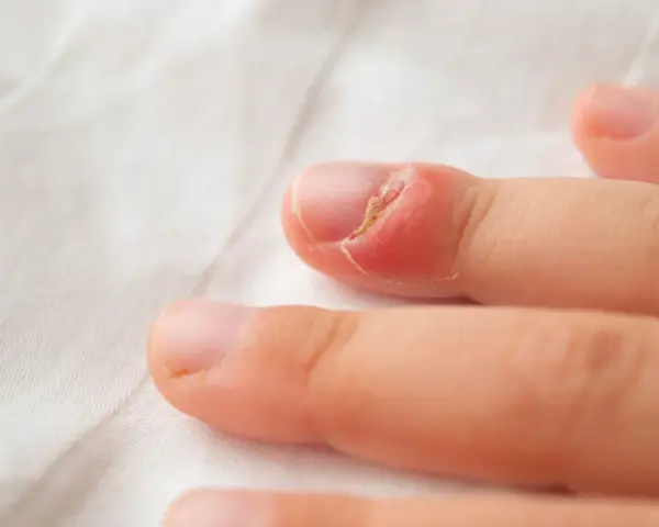 Gros plan sur un doigt d'enfant présentant une rougeur et une inflammation autour de l'ongle, suggérant une mycose ongle bébé.