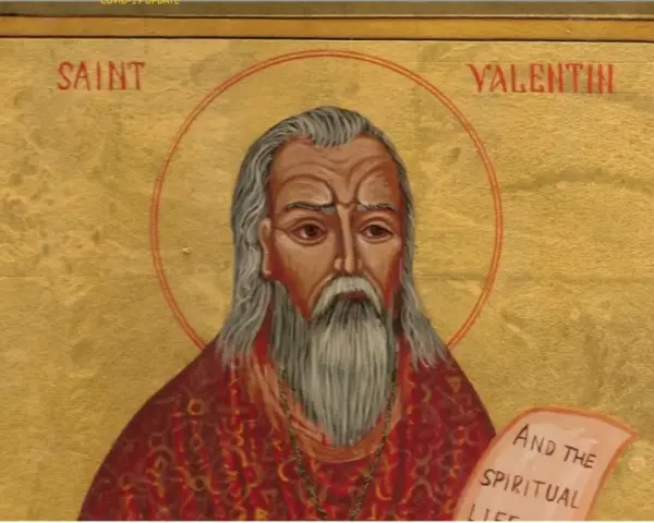 Ikona przedstawia św. Walentego z siwą brodą i włosami, trzymającego zwój. To ilustracja do legendy o świętym Walentym dla dzieci.