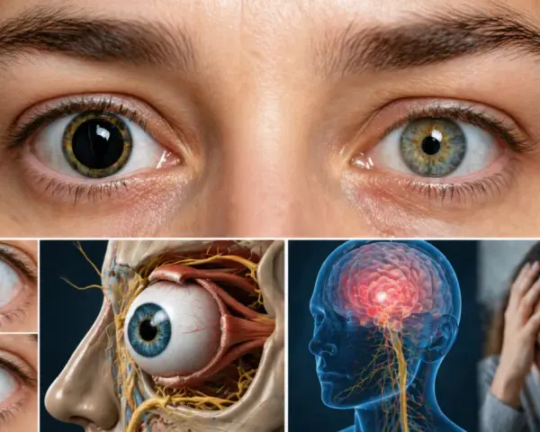 Occhi con la parte nera dell'occhio (pupilla) dilatata e contratta, anatomia oculare, cervello con emicrania e donna sofferente.