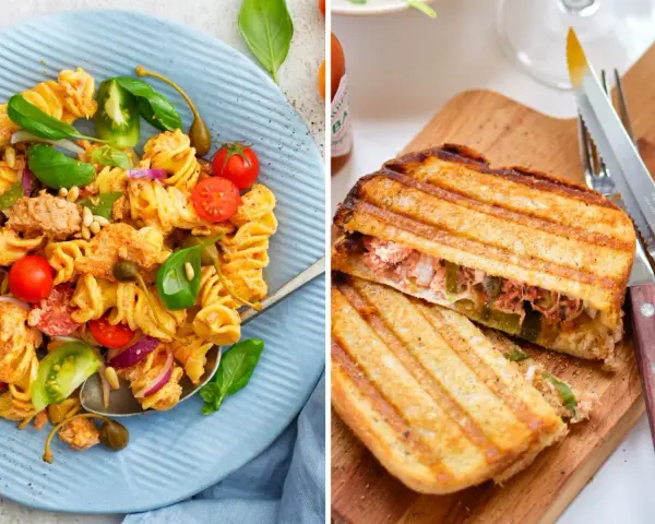 Två läckra recept med tonfisk på burk: en pastasallad med körsbärstomater och kapris, samt en grillad toast med tonfiskröra.