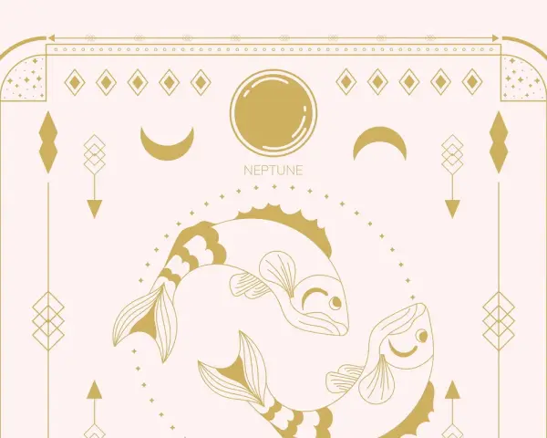 Dwie złote ryby, symbol znaku zodiaku Ryby, pływają w okręgu. To idealny obrazek na urodziny dla Ryb!
