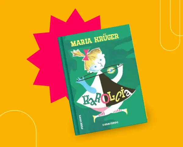 Okładka książki "Karolcia" Marii Krukger. Dziewczynka z kokardką na głowie trzyma magiczny koralik. To streszczenie przygód Karolci.