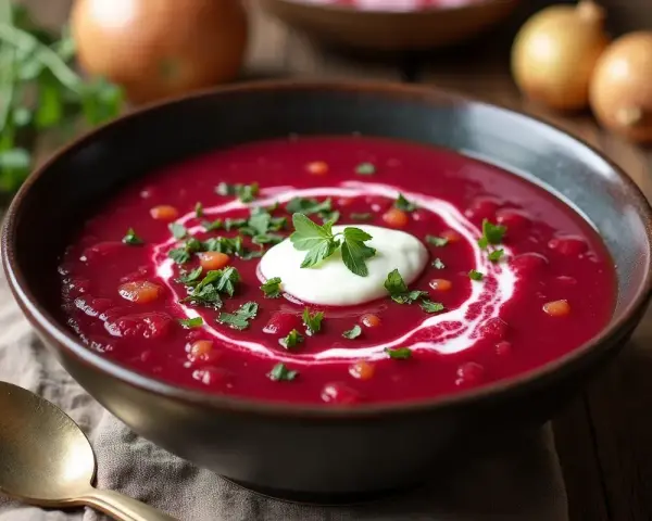 Aksamitna zupa buraczkowa, jak u babci, z kleksem śmietany i posiekaną natką pietruszki.