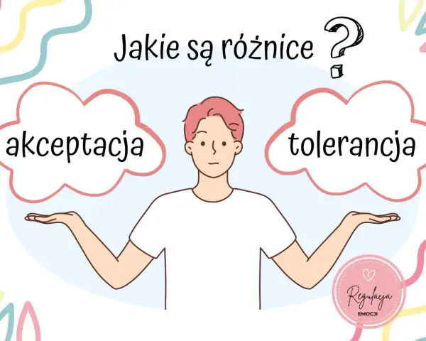 Postać z rozłożonymi rękami zastanawia się nad różnicą między akceptacją a tolerancją.