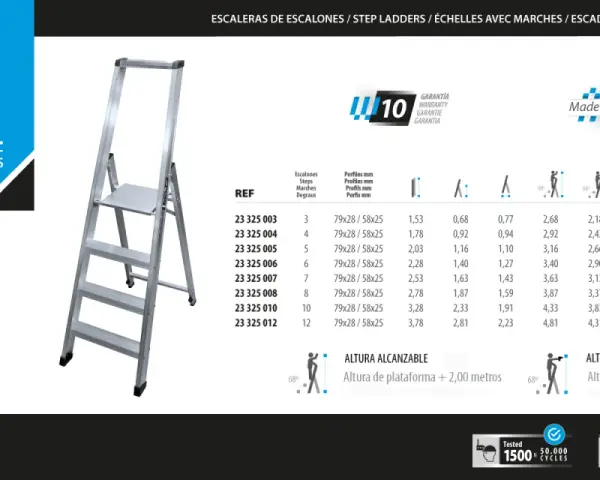 Escalera de tijera KTL con varios peldaños, ideal como materiales para forrar escaleras. Incluye especificaciones técnicas y medidas.